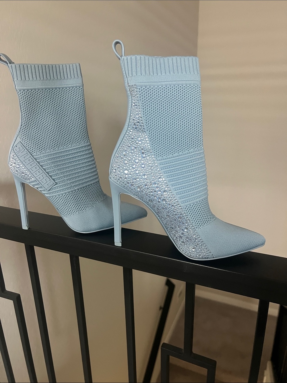 Steve Madden Powder Blue Knit Sock Booties with Crystal Embellishment